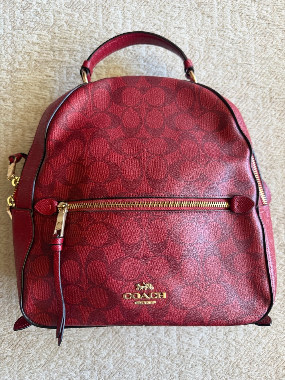Coach Red Logo-Print Leather Backpack with Gold Accents